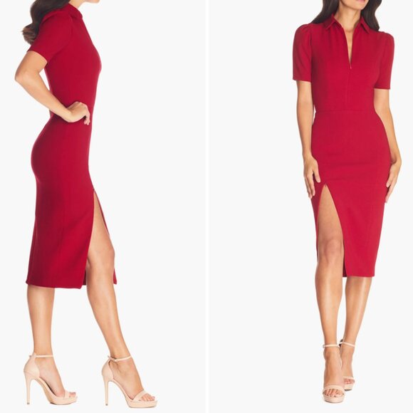 NWT - Dress the Population - Gloria Front Zip Sheath Dress Garnet Red - Large - Picture 7 of 7